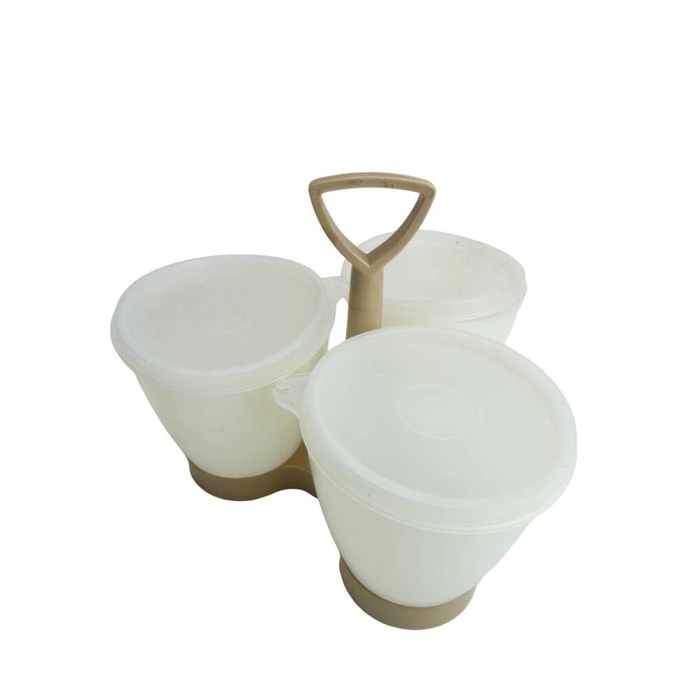Vintage Tupperware Condiment Caddy 3 Containers Lids Almond Beige Salad Server